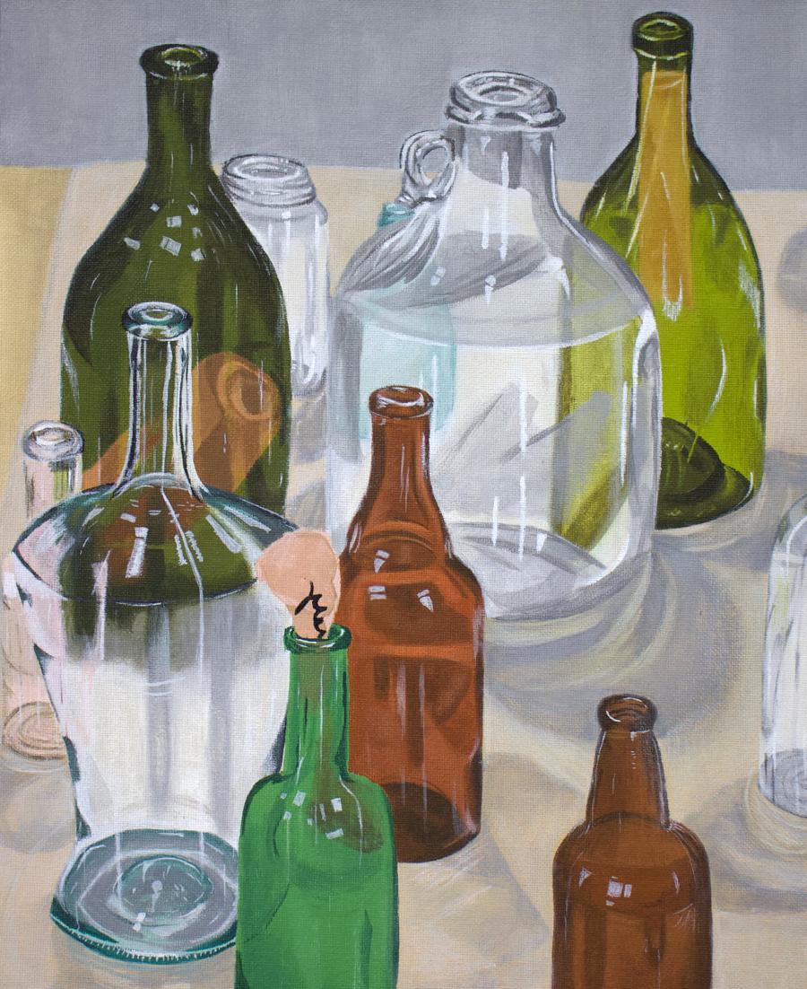 一个艺术工作室的学生创作的玻璃瓶画. 